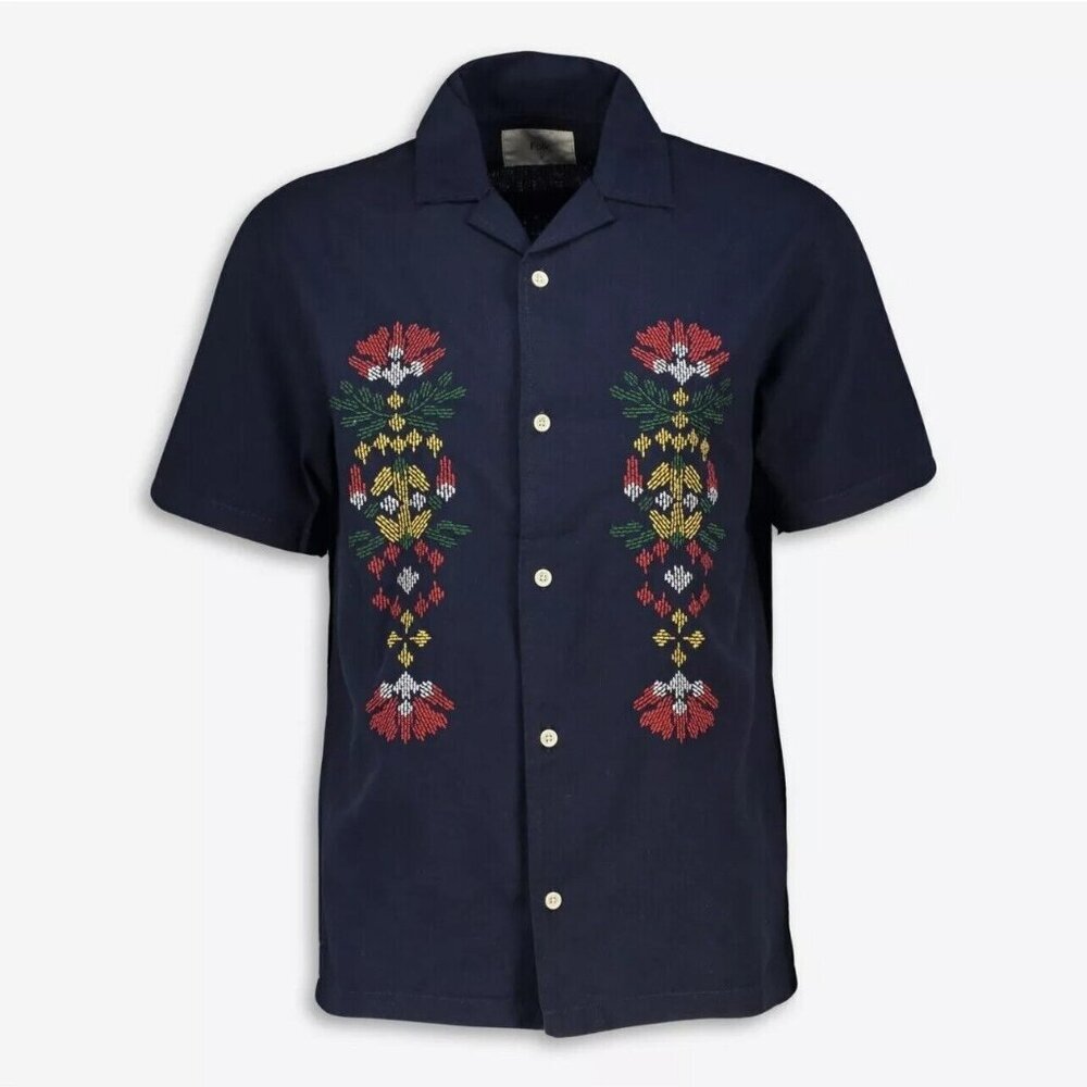 NWT Folk Embroidered Linen Button Up Short Sleeve Shirt Inca Aztec Navy Sz M